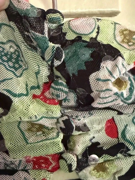 Cinq a Sept Floral Sequin Ruched Funnel Neck Mesh Top Size Medium - Picture 11 of 15